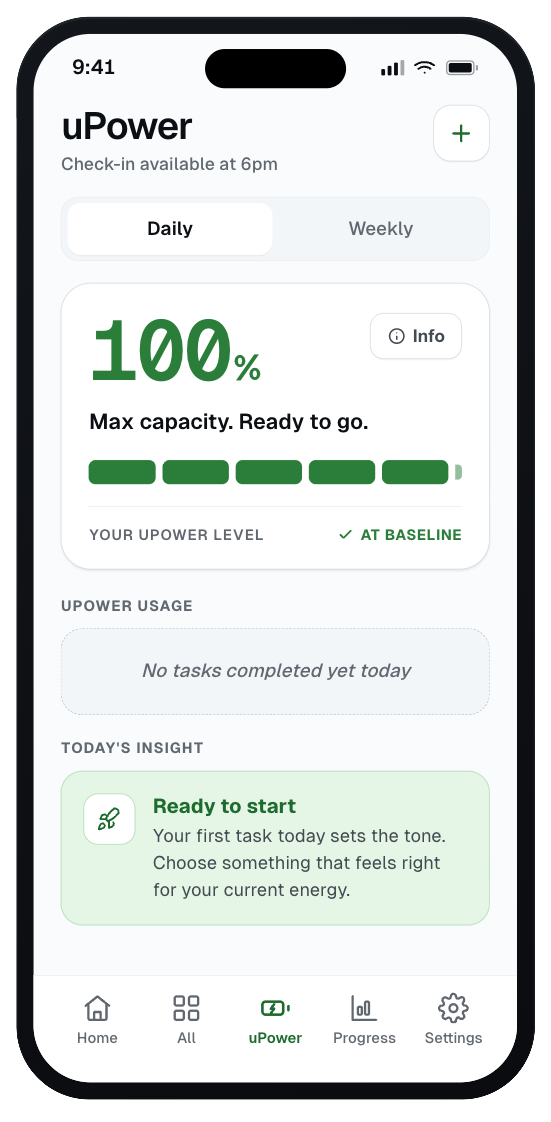 Glia Memor uPower screen showing capacity and today's insight